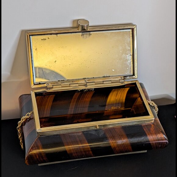 Wow TYROLEAN Amber & Black Lucite and Brass Purse from the 1950s, w/ Mirror - Picture 8 of 10